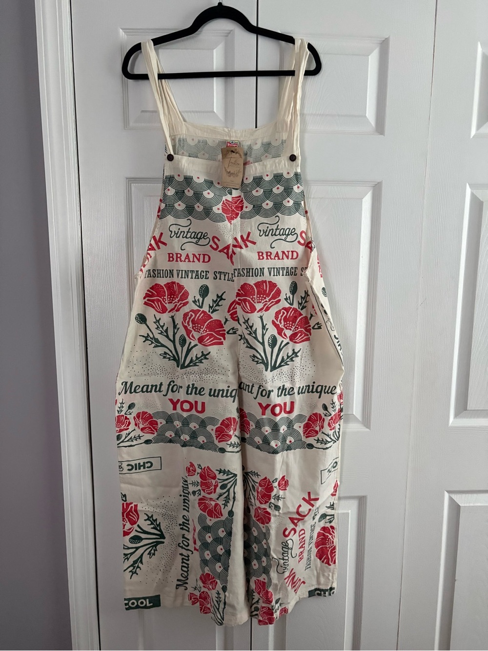 Vintage Cream Jumpsuit with Red Floral and Green Graphic Print